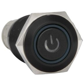 JacobsParts Momentary Pushbutton Starter Switch Circular Metal Black with Red Power Symbol LED fits 5/8" (16mm) Diameter Panel Cutout Hole