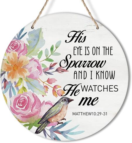 Yuzi-n His Eye is on the Sparrow Wreath Sign for Front Door, 10" Circle Sign for Wreaths, Rustic Scripture Wooden Round Wreath Hanging Sign Plaque Wood Door Hanger Christian Home Wall Decor in Saudi Arabia