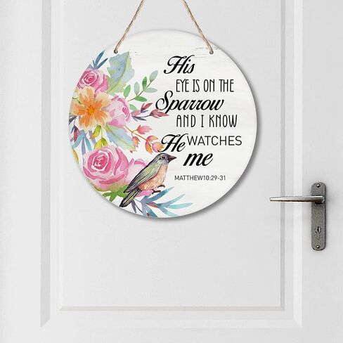 Yuzi-n His Eye is on the Sparrow Wreath Sign for Front Door, 10" Circle Sign for Wreaths, Rustic Scripture Wooden Round Wreath Hanging Sign Plaque Wood Door Hanger Christian Home Wall Decor in Saudi Arabia