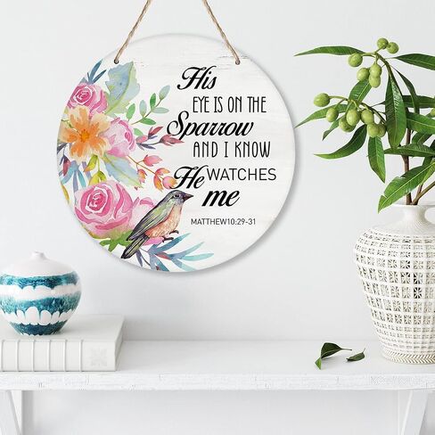 Yuzi-n His Eye is on the Sparrow Wreath Sign for Front Door, 10" Circle Sign for Wreaths, Rustic Scripture Wooden Round Wreath Hanging Sign Plaque Wood Door Hanger Christian Home Wall Decor in Saudi Arabia