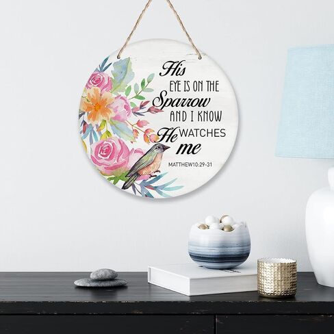 Yuzi-n His Eye is on the Sparrow Wreath Sign for Front Door, 10" Circle Sign for Wreaths, Rustic Scripture Wooden Round Wreath Hanging Sign Plaque Wood Door Hanger Christian Home Wall Decor in Saudi Arabia