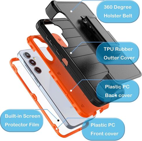 Tekcoo Case for Galaxy A55 5G | SM-A556 with [Built-in Screen Protector] Holster Locking Belt Clip [Military Grade 12FT Drop Tested] Full Body Carrying Cover for Samsung Galaxy A55 5G [Orange] in Saudi Arabia
