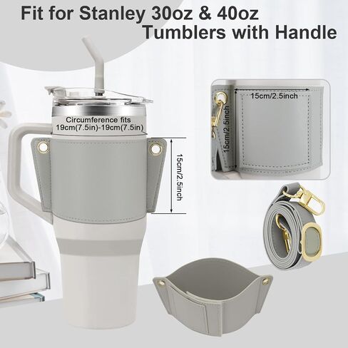 Water Bottle Holder for Stanley Tumbler with Handle, Leather Carrier Strap for 40 oz 30 oz Stanley Cup Accessories, Water Bottle Carrier with Adjustable Strap, Card Holder, Keyring (Black) in Saudi Arabia