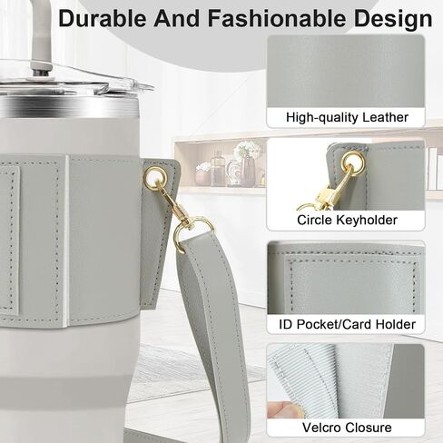 Water Bottle Holder for Stanley Tumbler with Handle, Leather Carrier Strap for 40 oz 30 oz Stanley Cup Accessories, Water Bottle Carrier with Adjustable Strap, Card Holder, Keyring (Black) in Saudi Arabia