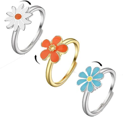 9Pcs Anti Anxiety Ring with Beads Fidget Open Rings Set for Women - Silver Fidget Ring Anti Anxiety Rings for Men Women Adjustable Fidget Rings Stress Relief Stackable Ring (Silver Flower) in Saudi Arabia