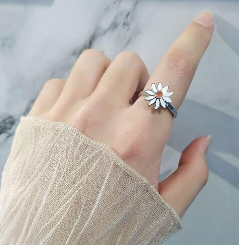 9Pcs Anti Anxiety Ring with Beads Fidget Open Rings Set for Women - Silver Fidget Ring Anti Anxiety Rings for Men Women Adjustable Fidget Rings Stress Relief Stackable Ring (Silver Flower) in Saudi Arabia