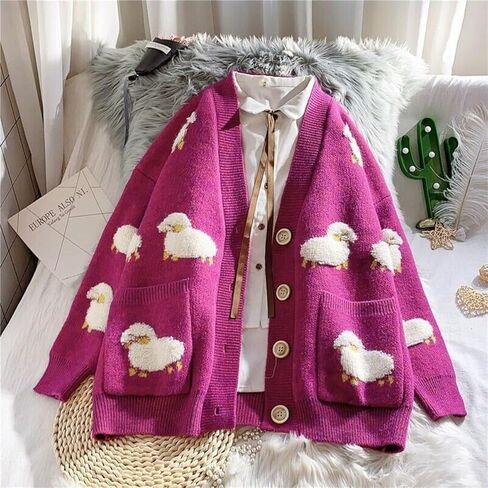 Ladies Girl Cute Sheep Sweater Coat Cardigan Knitted Tops Kawaii Preppy Cartoon Casual in Kuwait