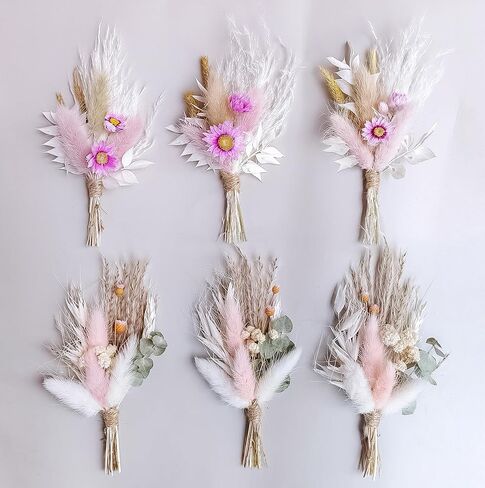 Mini Dried Flower Bouquet Set of 6, Boho Wedding Decor, Boutonniere for Men,Table Centerpieces, Dry Pampas Grass,Birthday Cake Flowers,Personalized Bridesmaid Gift Box,Small Bottles Decoration.(White) in Kuwait