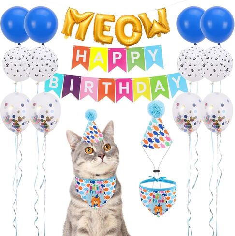 لوازم حفلات أعياد الميلاد للقطط من بينجبيت، ديكورات حفلات أعياد الميلاد بطابع قطة جميلة مع قبعة عيد ميلاد للقطط، باندانا، لافتة عيد ميلاد، بالونات حروف مواء للقطط والكلاب الصغيرة والجرو الصغير in Kuwait