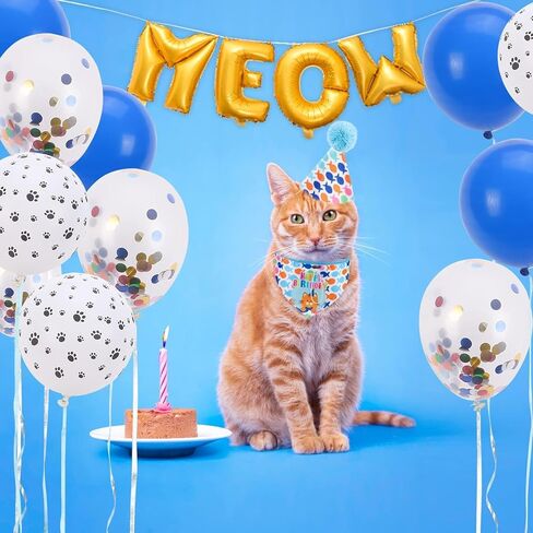لوازم حفلات أعياد الميلاد للقطط من بينجبيت، ديكورات حفلات أعياد الميلاد بطابع قطة جميلة مع قبعة عيد ميلاد للقطط، باندانا، لافتة عيد ميلاد، بالونات حروف مواء للقطط والكلاب الصغيرة والجرو الصغير in Kuwait