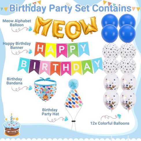 لوازم حفلات أعياد الميلاد للقطط من بينجبيت، ديكورات حفلات أعياد الميلاد بطابع قطة جميلة مع قبعة عيد ميلاد للقطط، باندانا، لافتة عيد ميلاد، بالونات حروف مواء للقطط والكلاب الصغيرة والجرو الصغير in Kuwait