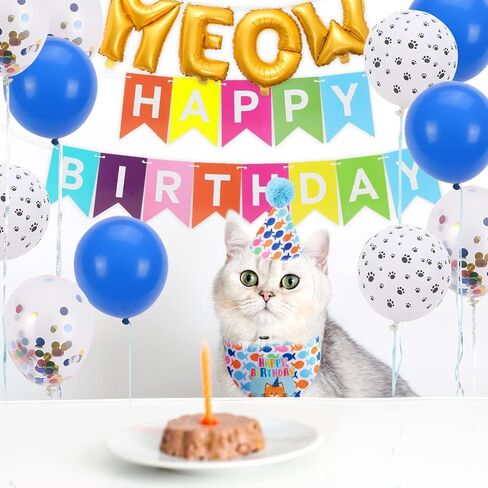 لوازم حفلات أعياد الميلاد للقطط من بينجبيت، ديكورات حفلات أعياد الميلاد بطابع قطة جميلة مع قبعة عيد ميلاد للقطط، باندانا، لافتة عيد ميلاد، بالونات حروف مواء للقطط والكلاب الصغيرة والجرو الصغير in Kuwait