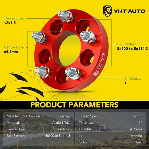 YHTAUTO 4PCS 5x100 to 5x114.3 Wheel Adapters 1 inch Fits Sebring, Camry, Corolla, Prius, Matrix, Cavalier, tC, xD, 5x100 to 5x4.5 5 Lug Spacers w/ 12x1.5 & 12.9 Grade Studs, 64.1mm Hub Bore in Saudi Arabia