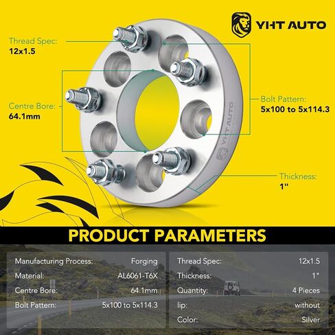 YHTAUTO 4PCS 5x100 to 5x114.3 Wheel Adapters 1 inch Fits Sebring, Camry, Corolla, Prius, Matrix, Cavalier, tC, xD, 5x100 to 5x4.5 5 Lug Spacers w/ 12x1.5 & 12.9 Grade Studs, 64.1mm Hub Bore in Saudi Arabia
