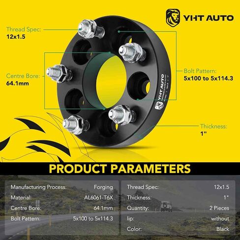 YHTAUTO 4PCS 5x100 to 5x114.3 Wheel Adapters 1 inch Fits Sebring, Camry, Corolla, Prius, Matrix, Cavalier, tC, xD, 5x100 to 5x4.5 5 Lug Spacers w/ 12x1.5 & 12.9 Grade Studs, 64.1mm Hub Bore in Saudi Arabia