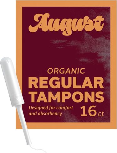 August Organic Cotton Tampons, Regular tampons, BPA Free Long Applicators, Non-Toxic Organic tampons, Fragrance-Free, Chlorine-Free, Hypoallergenic, 16 Count in Kuwait