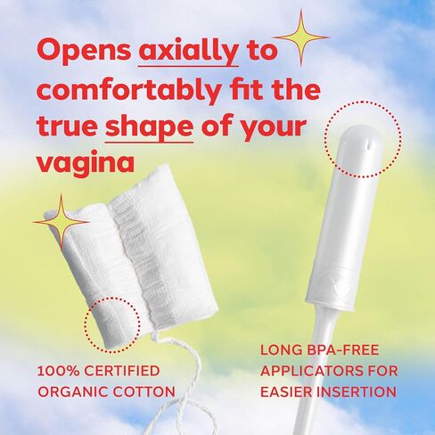 August Organic Cotton Tampons, Regular tampons, BPA Free Long Applicators, Non-Toxic Organic tampons, Fragrance-Free, Chlorine-Free, Hypoallergenic, 16 Count in Kuwait