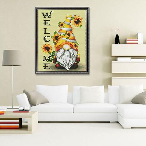 مجموعات غرز متقاطعة مختومة من KARMOGSO للبالغين المبتدئين، طقم غرز متقاطعة ترحيب جنوم، مجموعة كاملة من مجموعات التطريز المختومة للفنون والحرف اليدوية والتطريز لديكور المنزل، 30.48 سم × 40.64 سم in Kuwait