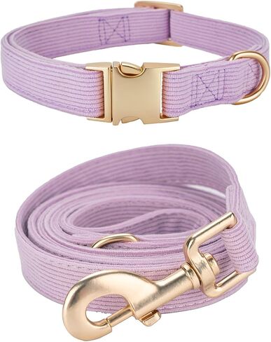 Soft Corduroy Dog Collar and Leash Set, Adjustable Cotton Dog Collars with Metal Buckle and Lead for Small Dogs,Beige in Saudi Arabia