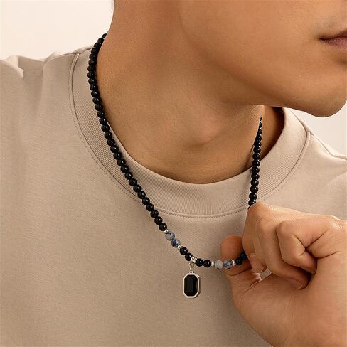 Natural Stone Bead Necklaces Tiger Eye Stone Beads Necklace for Men Charm Choker Neck Chain Fashion Men and Women Handmade Jewelry (Grey) in Saudi Arabia