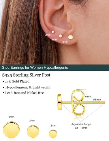 3 Pairs 14k Gold Stud Earrings for Women Hypoallergenic 925 Sterling Silver Post Dainty Cartilage Tragus Earrings Stacks Set Trendy Small Diamond Heart Multiple Piercing Jewelry for Men in Saudi Arabia