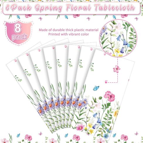 4Pcs Spring Floral Plastic Tablecloth,Pink Purple Blue Flower Butterfly Disposable Table Cover for Home Decor Summer Spring Picnic Dining Holiday Weeding Birthday Tea Party Decorations,54x108 Inch in Kuwait
