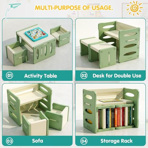 Kids Table and 2 Chairs Set, Plastic Activity Table for Toddler Reading, Arts, Crafts, Homework, Montessori Furniture with Storage Space for Playroom, Gift for Boys & Girls in Saudi Arabia