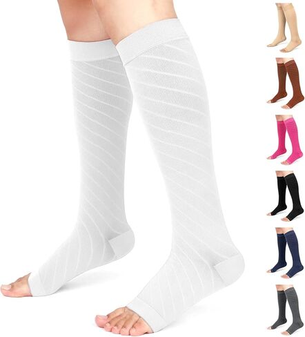 جوارب Ailaka عالية الضغط للركبة للرجال والنساء، 20-30 مم زئبقي، دعم متدرج ثابت، جوارب الدوالي مفتوحة عند الأصابع للسفر والطيران والحمل والتعافي in Kuwait