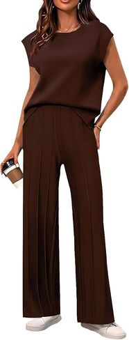 CHERFLY Women's 2 Piece Outfits 2024 Summer Short Sleeve Wide Leg Long Pants Casual Lounge Sets Tracksuits in Saudi Arabia