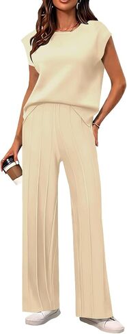 CHERFLY Women's 2 Piece Outfits 2024 Summer Short Sleeve Wide Leg Long Pants Casual Lounge Sets Tracksuits in Saudi Arabia