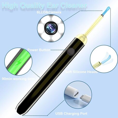 إزالة شمع الأذن، منظف الأذن مع الكاميرا، أداة إزالة شمع الأذن 1080 بكسل مع ضوء، مجموعة إزالة شمع الأذن مع 8 قطع للأذن، طقم تنظيف الأذن لنظام iOS، والهواتف الذكية أندرويد (أسود) in Kuwait