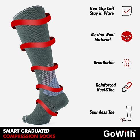 جوارب ضغط من صوف ميرينو من GoWith، جوارب سفر حرارية 15-20 مم زئبق، جوارب مبطنة للركبة عالية للمشي لمسافات طويلة للرجال والنساء in Kuwait