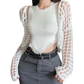 Women's Crochet Cropped Cardigan Long Sleeve Knit Hollow Out Open Front Shrug Coat Outerwear