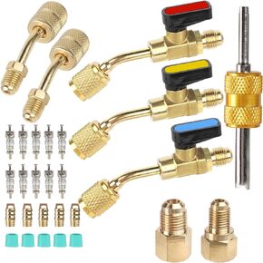 Air Conditioner Refrigerant Angled Ball Valve 1/4" SAE for R410A R134A R12 R22 AC HVAC with R410A Adapter, R134A Refrigerant Adapter, Valve Core Thimble Remover for Mini Split System