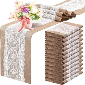 12 Pieces Burlap Table Runners with Lace 12 x 108 Inch Long Rustic Jute Table Runner Natural Hessian Burlap Table Runner for Farmhouse Style Country Vintage Wedding Party Dinner Table Decoration