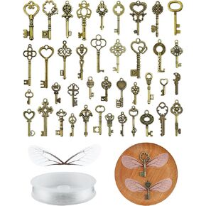 40 PCS Vintage Skeleton Keys Flying Keys Charms with 40 Pairs Dragonfly Wings and 30 Yards Elastic Crystal String Jewelry Making Necklace Crafts Room Decorations in Kuwait