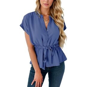 Women Button Down Blouses Short Sleeve Peplum Tops Summer Dressy Work Office Shirts Cinched Waist Top