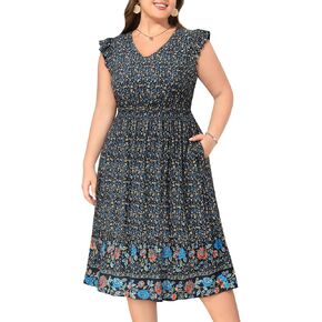 Women's Plus Size Summer Midi Dress Casual Floral V Neck Ruffle Sleeves Boho Sundress with Pockets