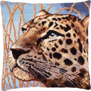Ferine Stamped Cross-Stitch Kit for Adults and Beginners — Leopard 16″ × 16″ with Clear, Precise Printed Design on Cotton Canvas; Includes 2 Needles, Yarn, and Easy-Read Chart
