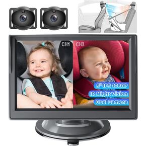 كاميرا سيارة للأطفال مزدوجة القناة، شاشة 5 بوصات عالية الدقة 1080 بكسل وكاميرتين، شاشة عرض مقسمة، رؤية ليلية وعرض واسع 150 درجة كاميرا مرآة سيارة للأطفال للمقعد الخلفي المواجه للمقعد الخلفي، التوصيل والتشغيل، دوران 360 درجة in Kuwait