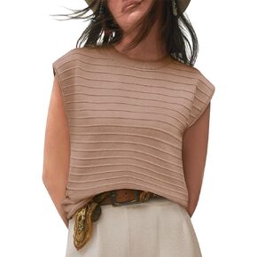 Sweater Vest for Women 2024 Trendy Short Sleeve Summer Tops Basic Cap Sleeve Tops Khaki M