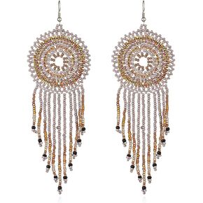 Handmade Long Fringe Drop Dangle Statement Earrings for Women Girls Acrylic Boho Ball Beads Round Hoop Tassel Chain Beaded Woven Chandelier Tribal Exaggerated Dream-catcher Ear Piercing Hook Jewelry