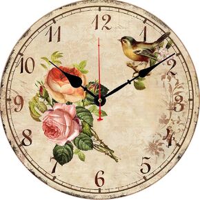 14 Inch Silent Non-Ticking Rustic Wall Clock Arabic Numerals Clocks Wooden Round Home Decorative Wall Clocks Battery Operated Indoor Vintage Clock (A Bottle of Flowers) …