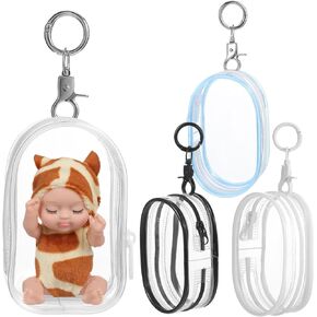 Toyvian 4 Pcs Clear Display Bag for Mini Resin Figures and Dolls with Zipper, Clear Pouch with Keychain, Carrying Bags Tiny Cases for Collectibles, Portable Small Doll Storage Pouches PVC Bag