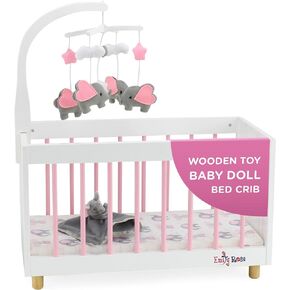 Emily Rose New Toy Wooden Baby Doll Bed Crib with Elephant Lovey and Matching Spinning Mobile - for Dolls up to 20 inches - White/Pink/Gray