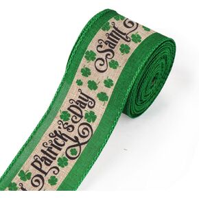 St. Patrick's Day Ribbons for Crafting, Lucky Shamrock Wired Edge Ribbon Green Natural Burlap Ribbon Bow Irish Shamrock Wired Ribbons for Saint Patrick's Day Sewing DIY Crafts Supplies