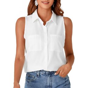 Rooscier Women's Collar V Neck Sleeveless Button Down Blouse Top Shirt with Pockets