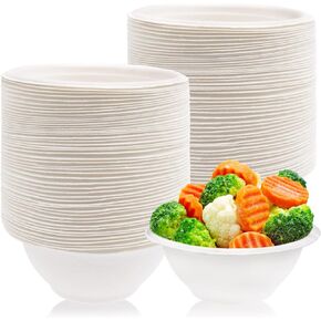 100 Pcs 8oz Disposable Paper Bowls,Natural Compostable Bowls,White Heavy-Duty Bagasse Bowls for Parties,Catering and Everyday Use
