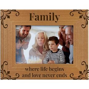Family Where Life Begins And Love Never Ends, Engraved Natural Wood Photo Frame Fits a 4x6 Horizontal Portrait, Frame for Family, Dad, Mom, Grandparents, Father’s Day, Mother’s Day, Birthday