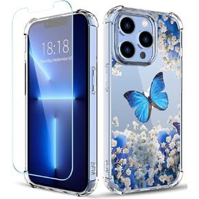 Flower Designed for iPhone 13 Pro Case[with Screen Protector], Floral Clear Women Phone Case Shockproof Protective Soft TPU Bumper Cover 6.1 Inch 2021 (Lavender/Purple)